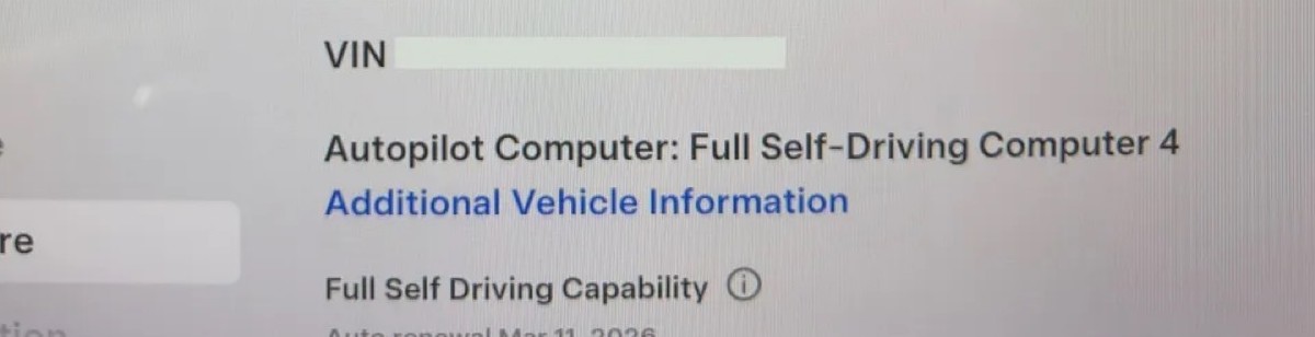 Tesla Software tab showing Autopilot Computer: Full Self-Driving Computer 4